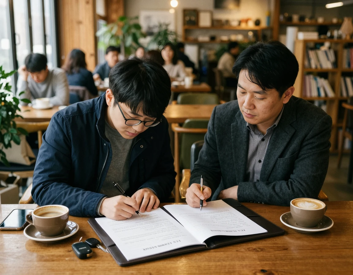 카페에서 자동차 매매 계약서를 작성하는 두 사람