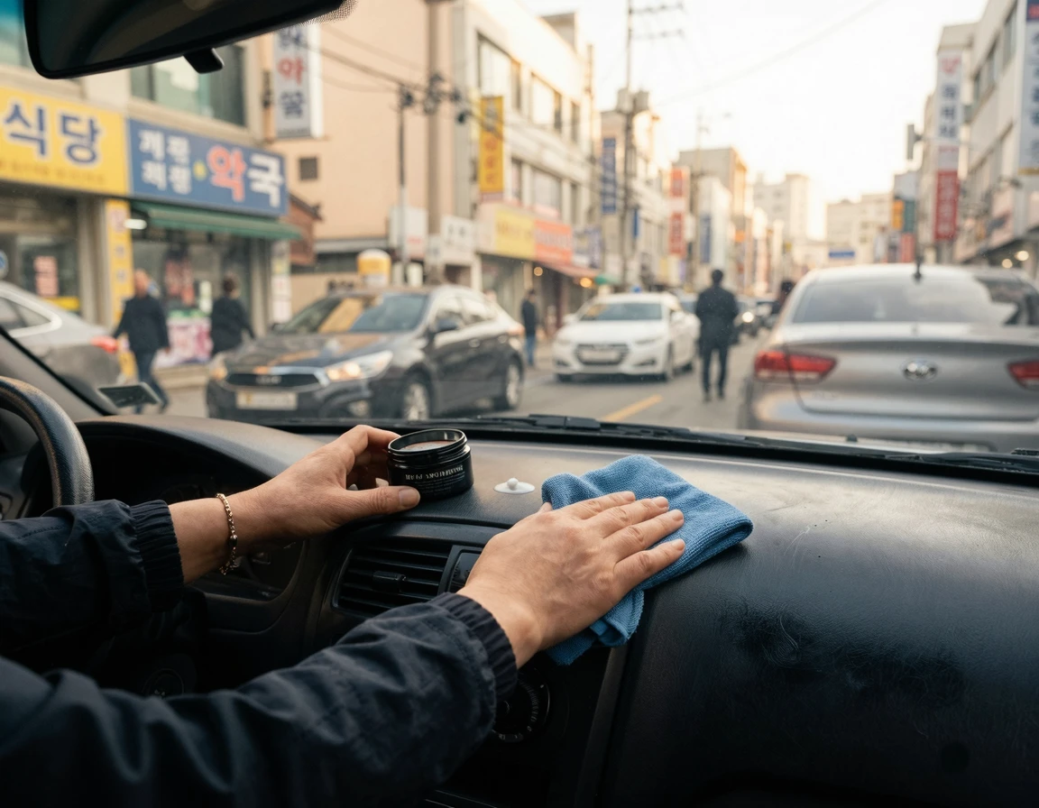 극세사 타월로 대시보드에 복원제를 꼼꼼하게 바르는 모습