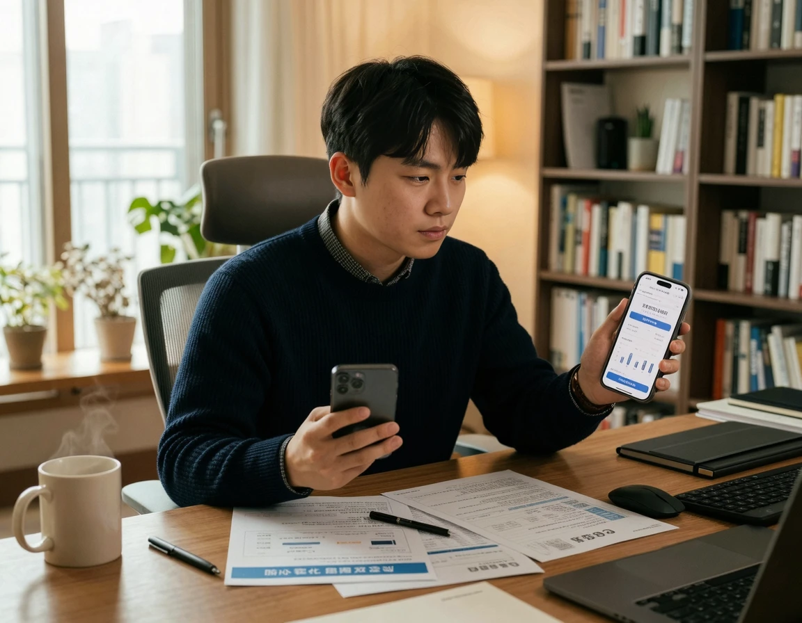자동차 수리비와 보험 서류를 보며 고민하는 남성