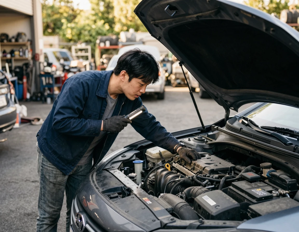 자동차 보닛을 열고 엔진룸 내부를 플래시로 점검하는 모습