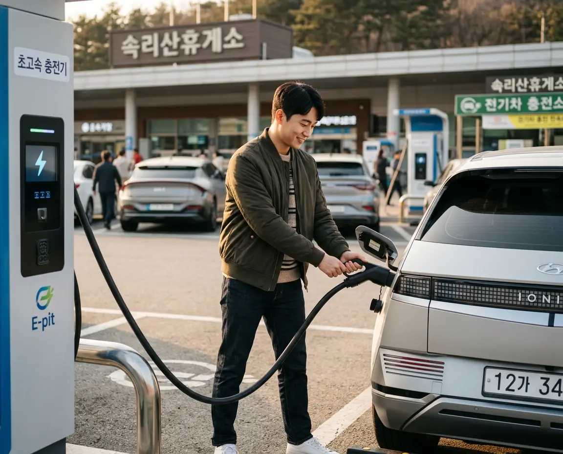 고속도로 휴게소에서 전기차에 굵은 급속 충전 케이블을 연결하는 20대 남성