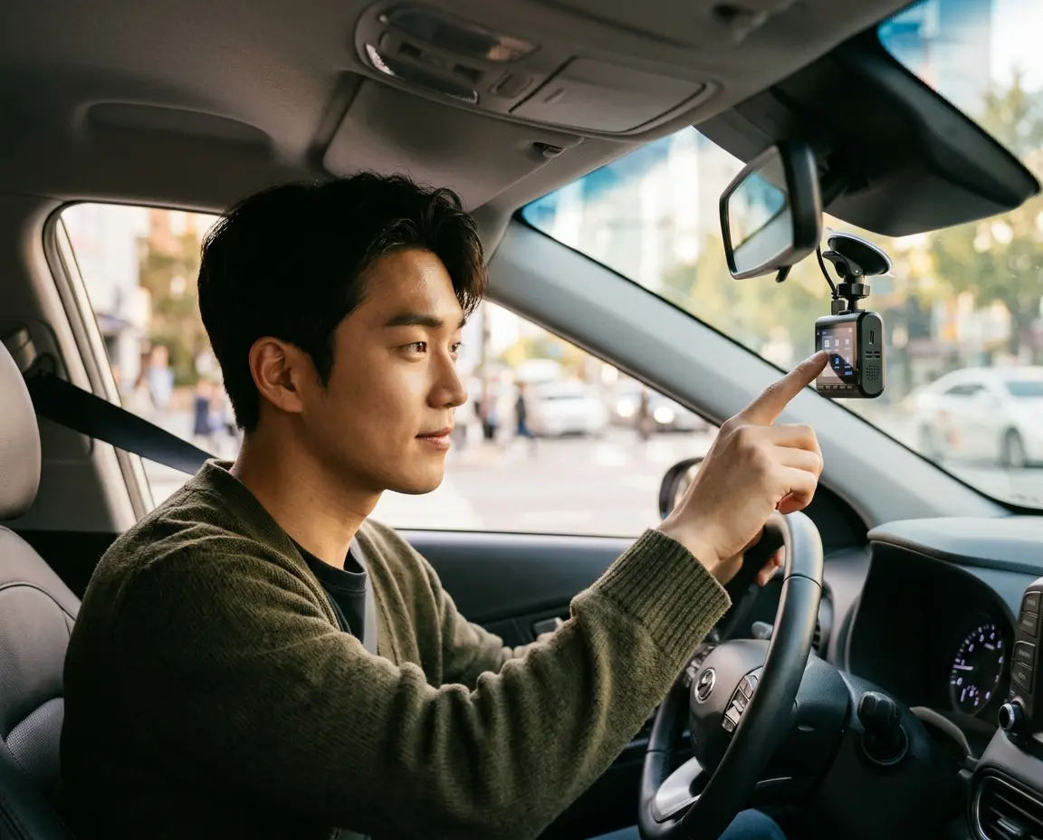 자동차 운전석에 앉아 블랙박스 화면을 터치하며 전압 설정을 하는 모습