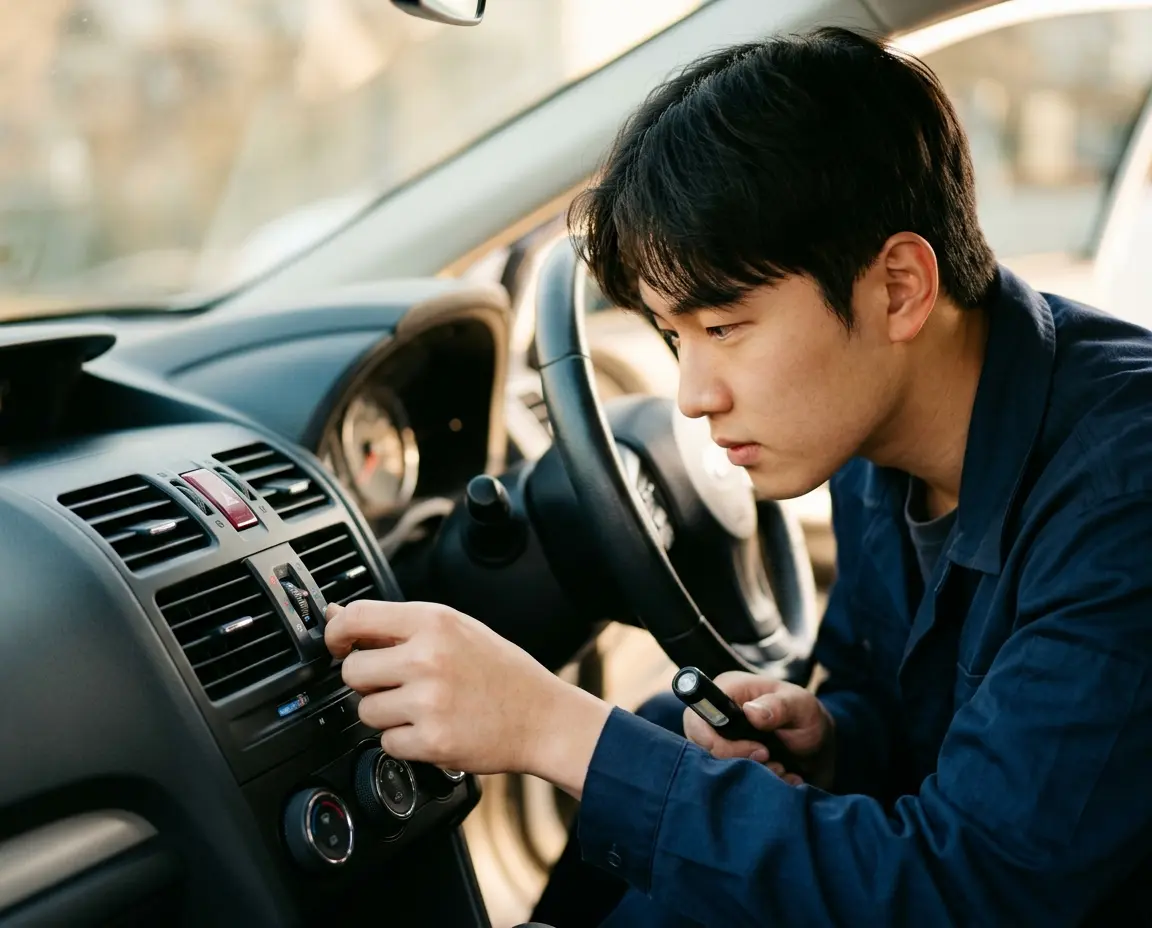 자동차 에어컨 송풍구를 살펴보고 있는 모습