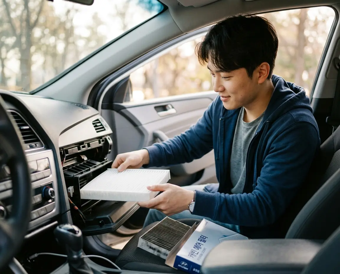 글로브 박스를 열고 에어컨 필터를 교체하는 모습