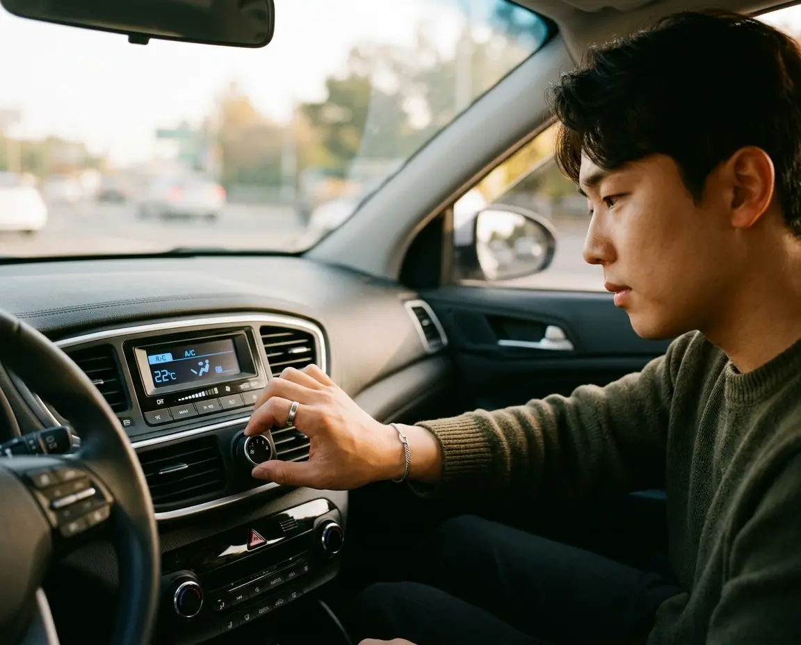 차량 송풍구 다이얼을 조절하여 바람 세기를 올리는 모습