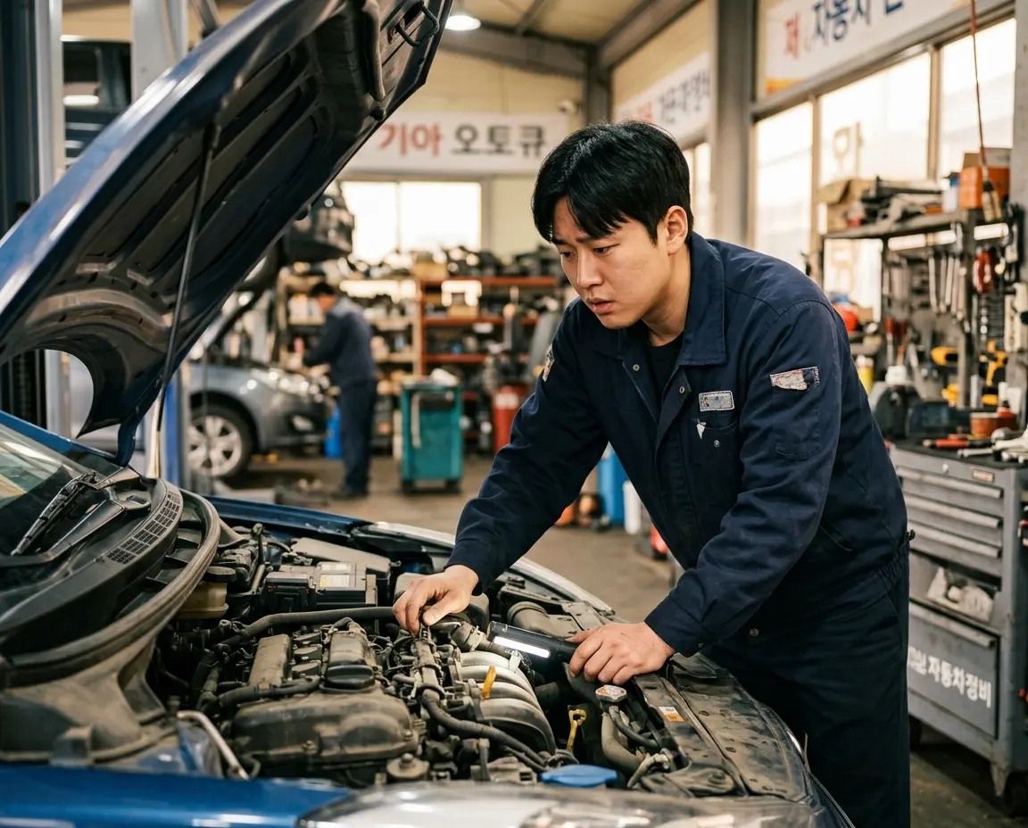 엔진룸을 열고 걱정스러운 표정으로 살펴보고 있는 남성